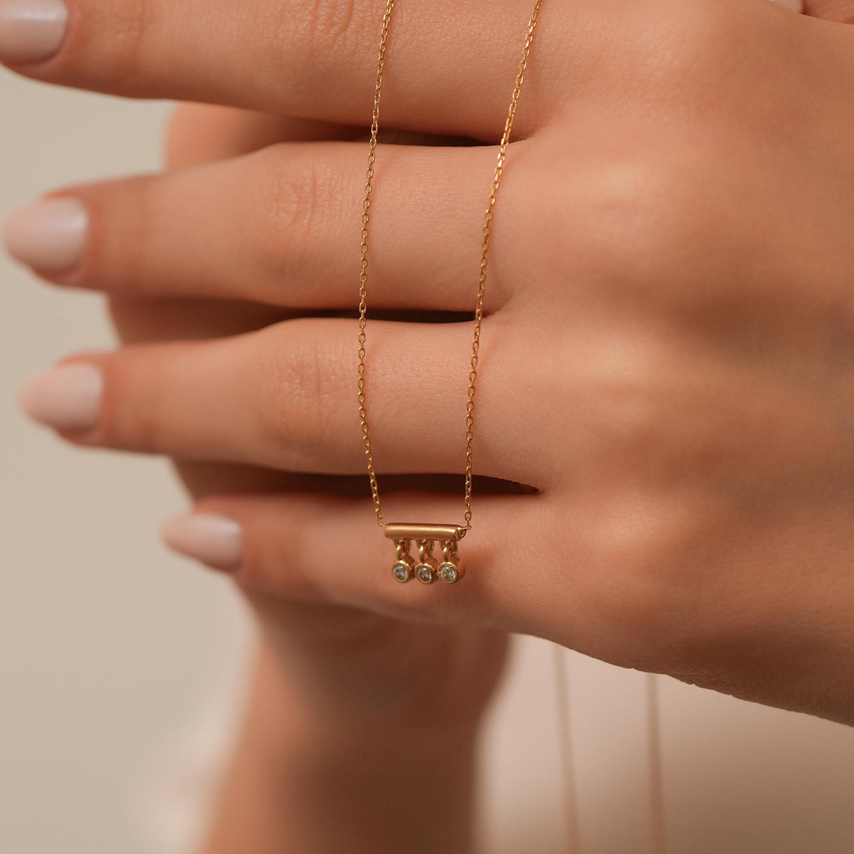 14K Gold Bar Necklace with Lab Diamond Drops, Triple Dangle Diamond Charm, Modern Bezel Set Pendant, Gift for Her