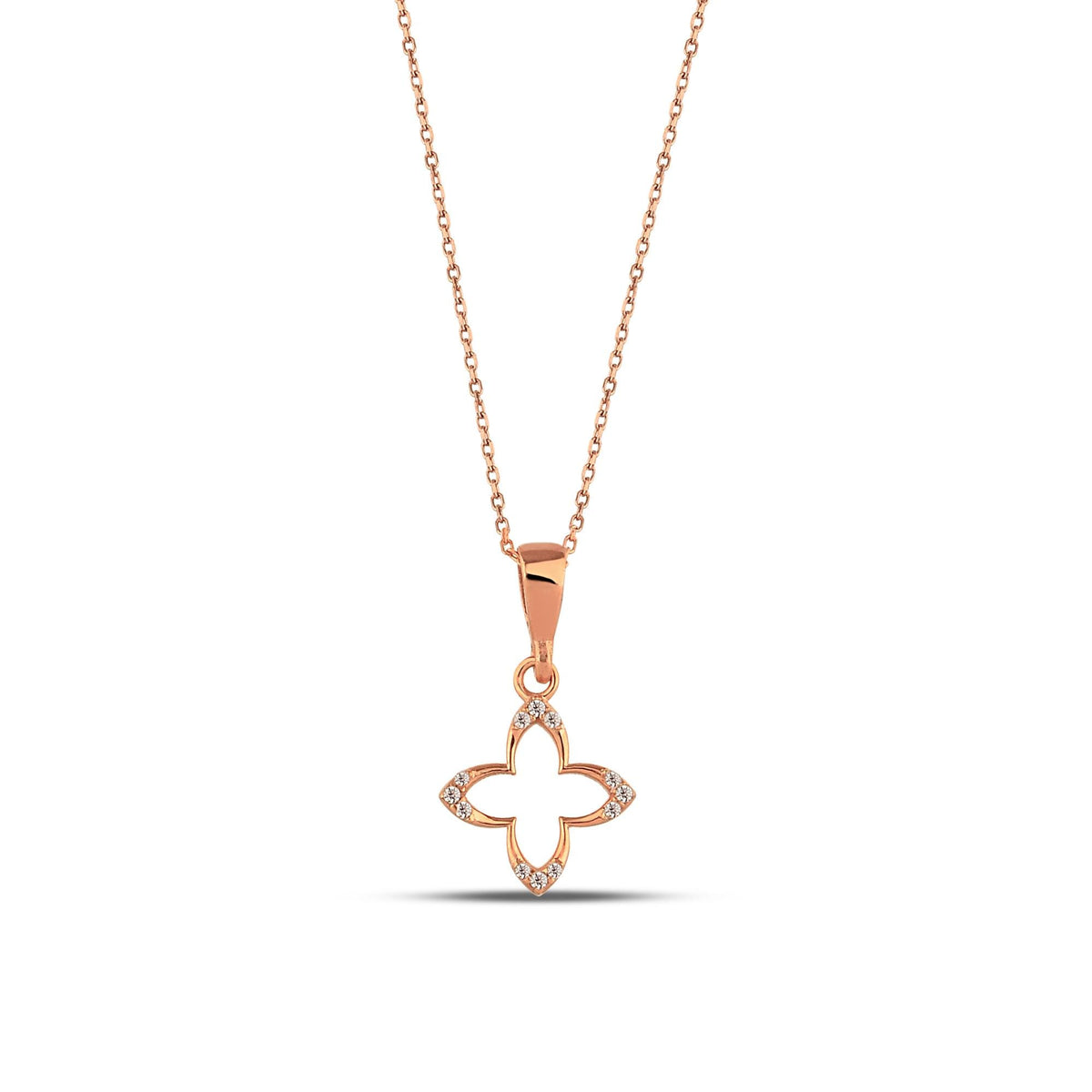 14K Gold Open Clover Necklace, Lab Diamond Accent Four Petal Pendant, Delicate Floral Charm, Gift for Her