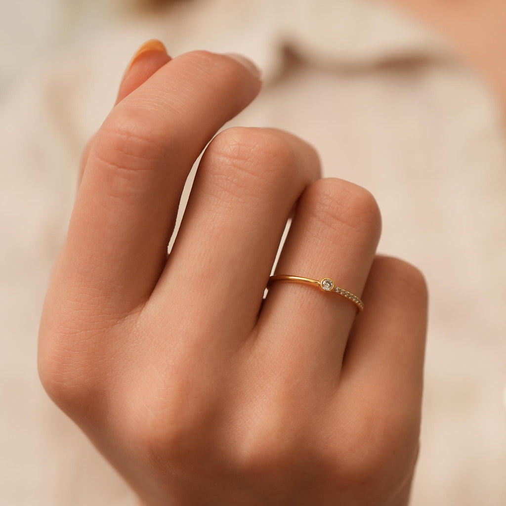 14K Gold Bezel Lab Diamond Ring, Pave Stacking Band, Dainty Solitaire Ring, Delicate Sparkle Ring, Gift for Her