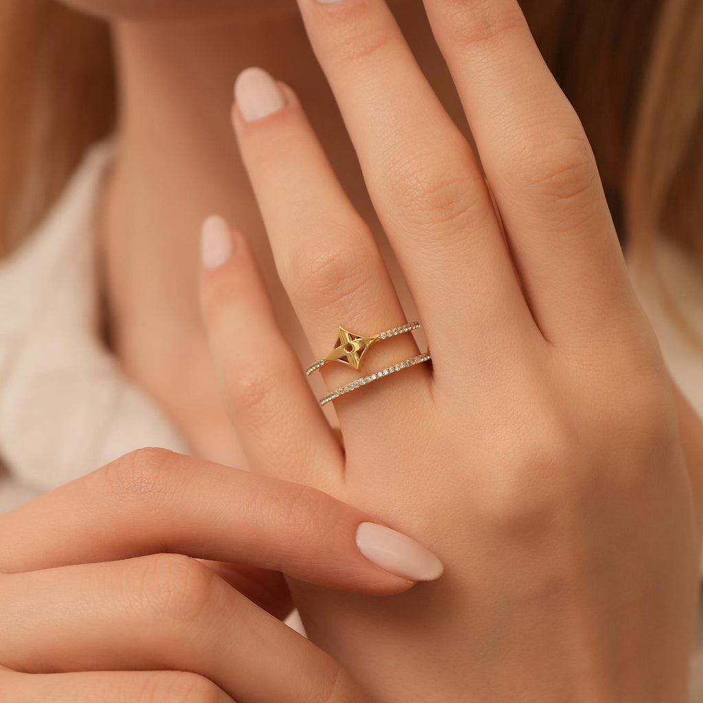 14K Gold Pave Lab Diamond Star Ring, Double Band Criss Cross Ring, Sparkling Compass Ring, Statement Stacking Ring, Gift for Her