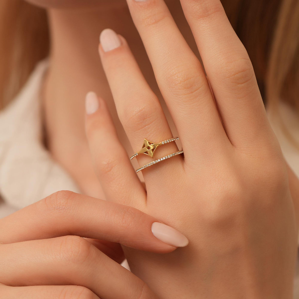 14K Gold Pave Lab Diamond Star Ring, Double Band Criss Cross Ring, Sparkling Compass Ring, Statement Stacking Ring, Gift for Her