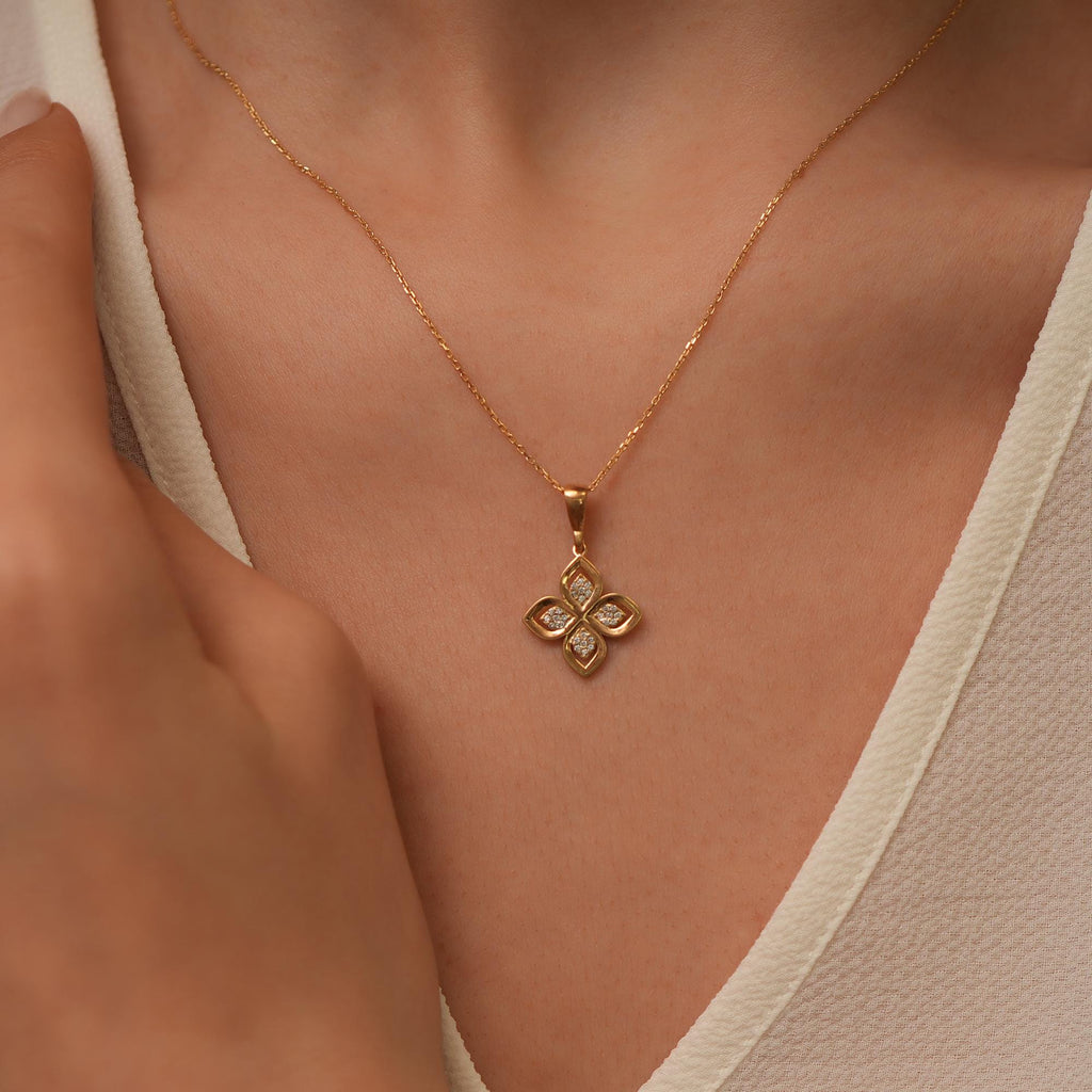 14K Gold Lab Diamond Flower Necklace, Four Petal Clover Pendant, Sparkling Floral Charm, Gift for Her