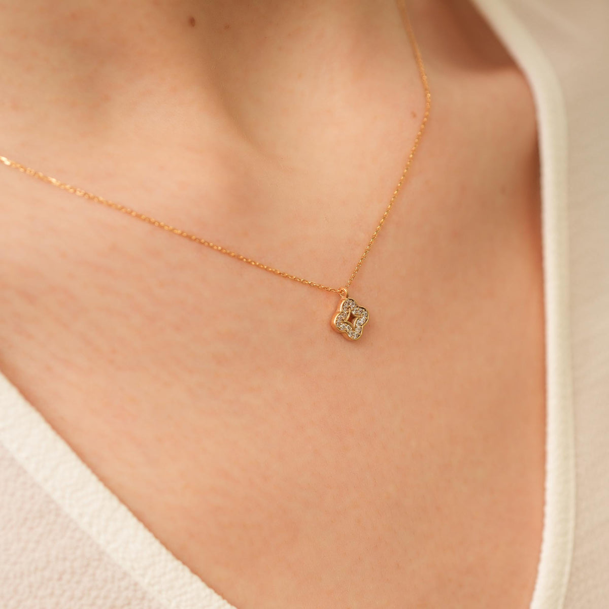 14K Gold Lab Diamond Clover Necklace, Open Center Quatrefoil Pendant, Sparkling Clover Charm, Gift for Her