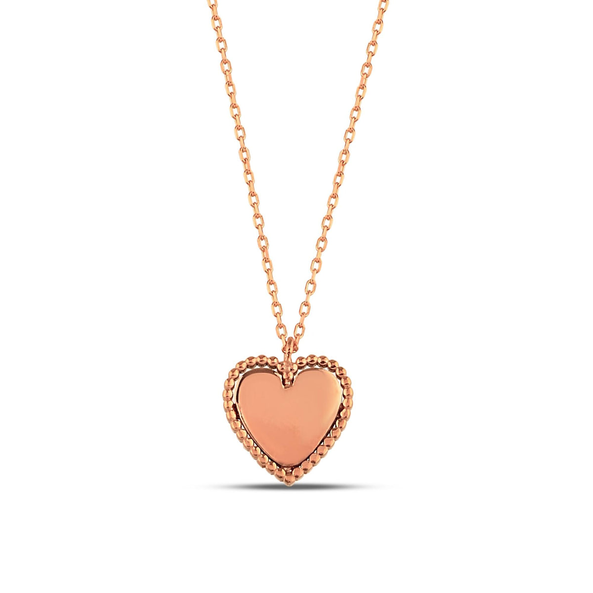 14K Gold Beaded Heart Necklace, Polished Heart with Beaded Frame Pendant, Classic Charm, Gift for Her