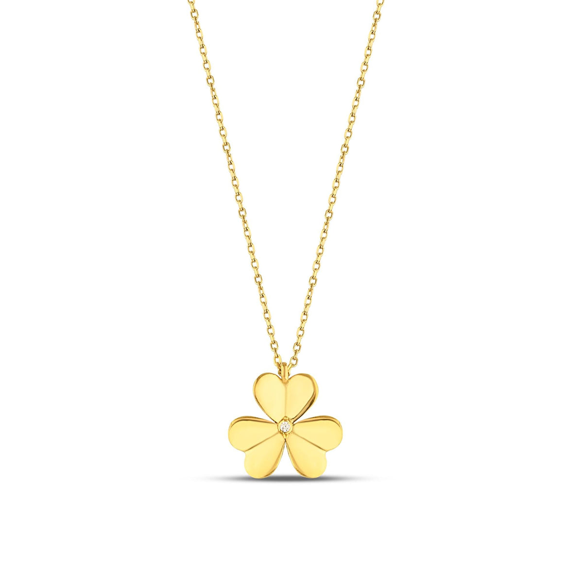 14K Gold Four Leaf Clover Necklace, Diamond Center Clover Pendant, Puffy Petal Charm, Lucky Gift for Her