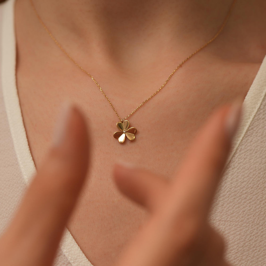 14K Gold Four Leaf Clover Necklace, Diamond Center Clover Pendant, Puffy Petal Charm, Lucky Gift for Her