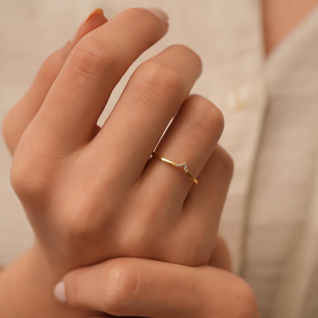 14K Gold Chevron Lab Diamond Ring, Wishbone Stacking Ring, Pave V Shape Ring, Delicate Pointed Ring, Gift for Her