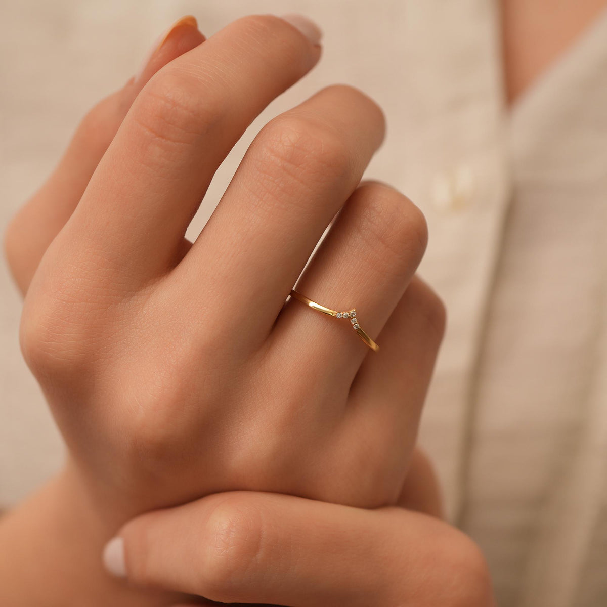 14K Gold Chevron Lab Diamond Ring, Wishbone Stacking Ring, Pave V Shape Ring, Delicate Pointed Ring, Gift for Her