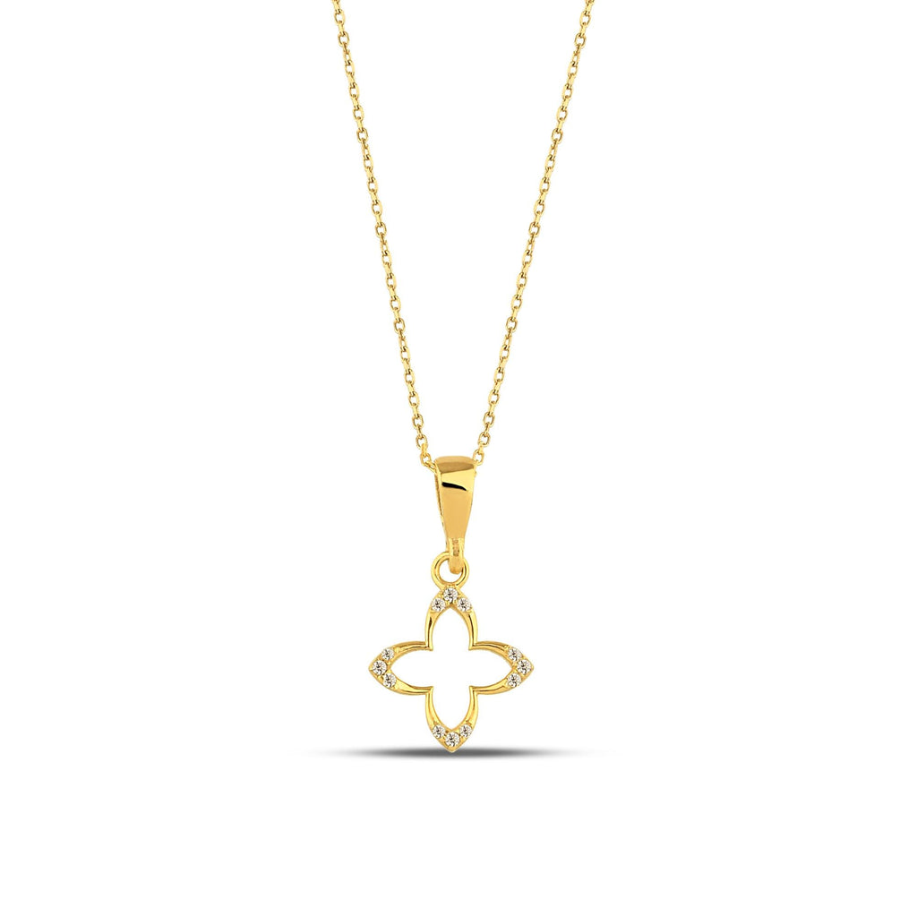 14K Gold Open Clover Necklace, Lab Diamond Accent Four Petal Pendant, Delicate Floral Charm, Gift for Her