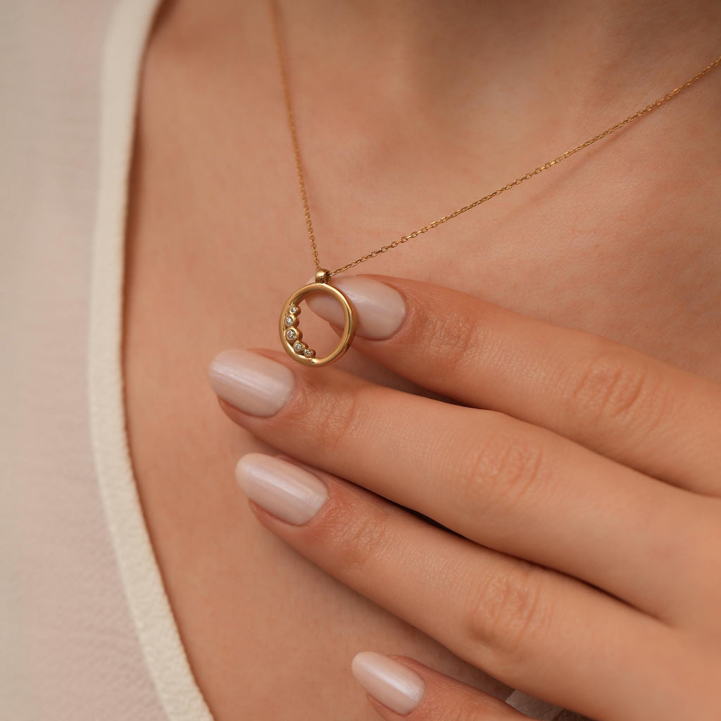 14K Gold Open Circle Necklace, Graduated Lab Diamond Ring Pendant, Journey Circle Charm, Gift for Her