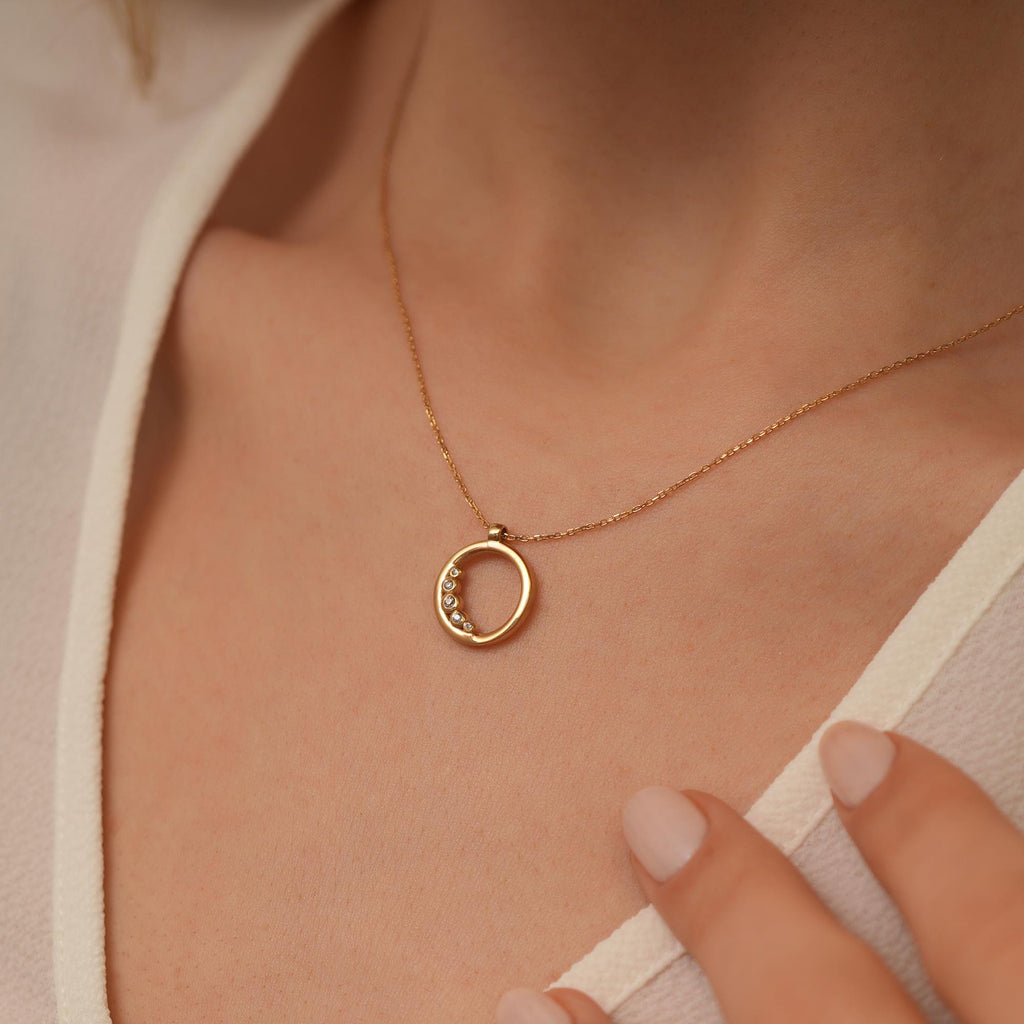 14K Gold Open Circle Necklace, Graduated Lab Diamond Ring Pendant, Journey Circle Charm, Gift for Her