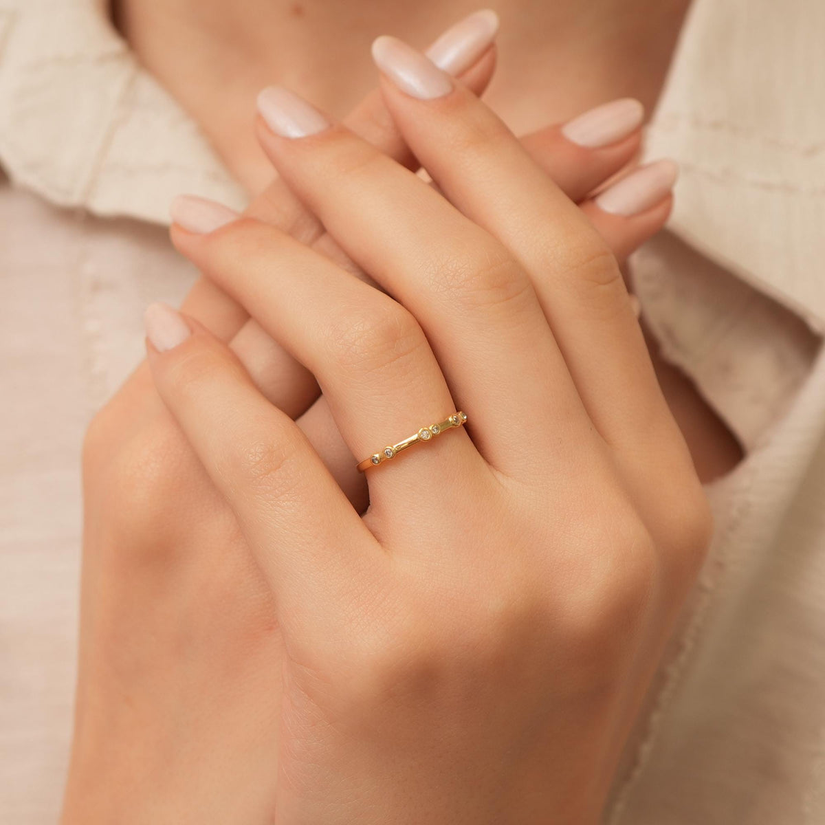 14K Gold Bar Bezel Ring, Segmented Lab Diamond Stacking Ring, Architectural Sparkle Ring, Modern Minimalist Ring, Gift for Her