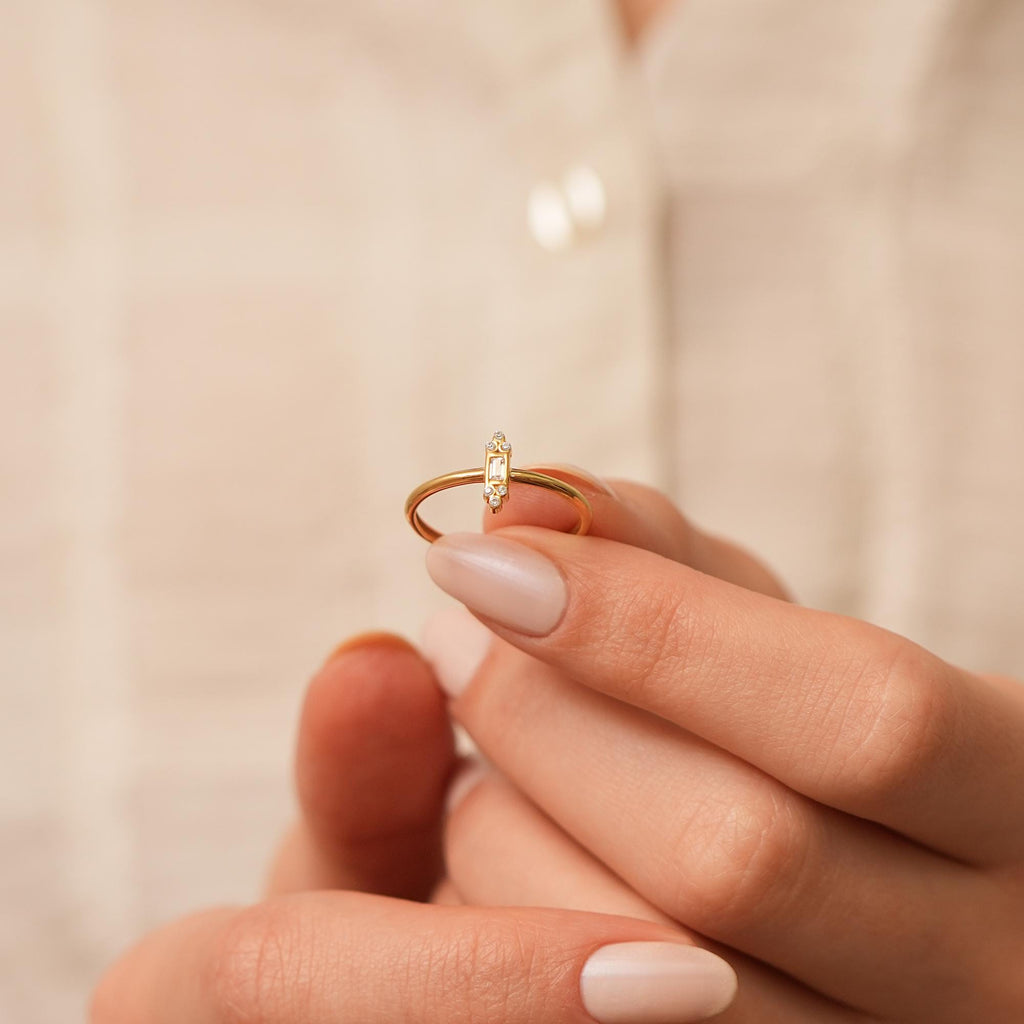 14K Gold Baguette Lab Diamond Ring, Art Deco Bar Stacking Ring, Vertical Diamond Ring, Vintage Style Ring, Gift for Her