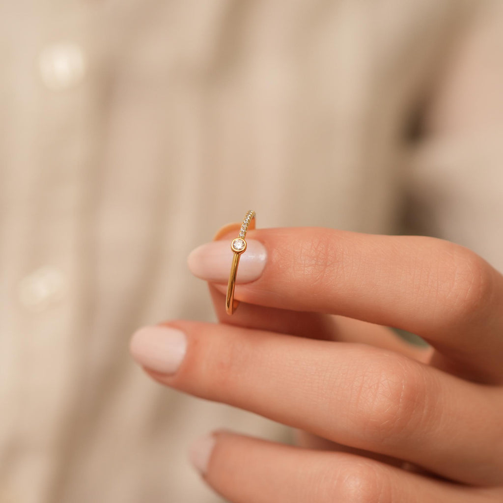 14K Gold Bezel Lab Diamond Ring, Pave Stacking Band, Dainty Solitaire Ring, Delicate Sparkle Ring, Gift for Her
