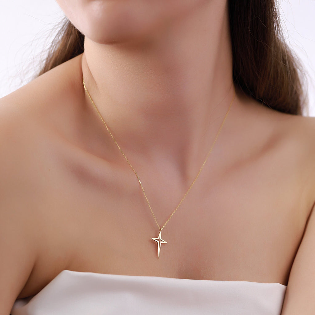 14K Gold North Star Necklace, Sparkle Star Cross Pendant, Open Star Charm, Modern Celestial Jewelry, Gift for Her