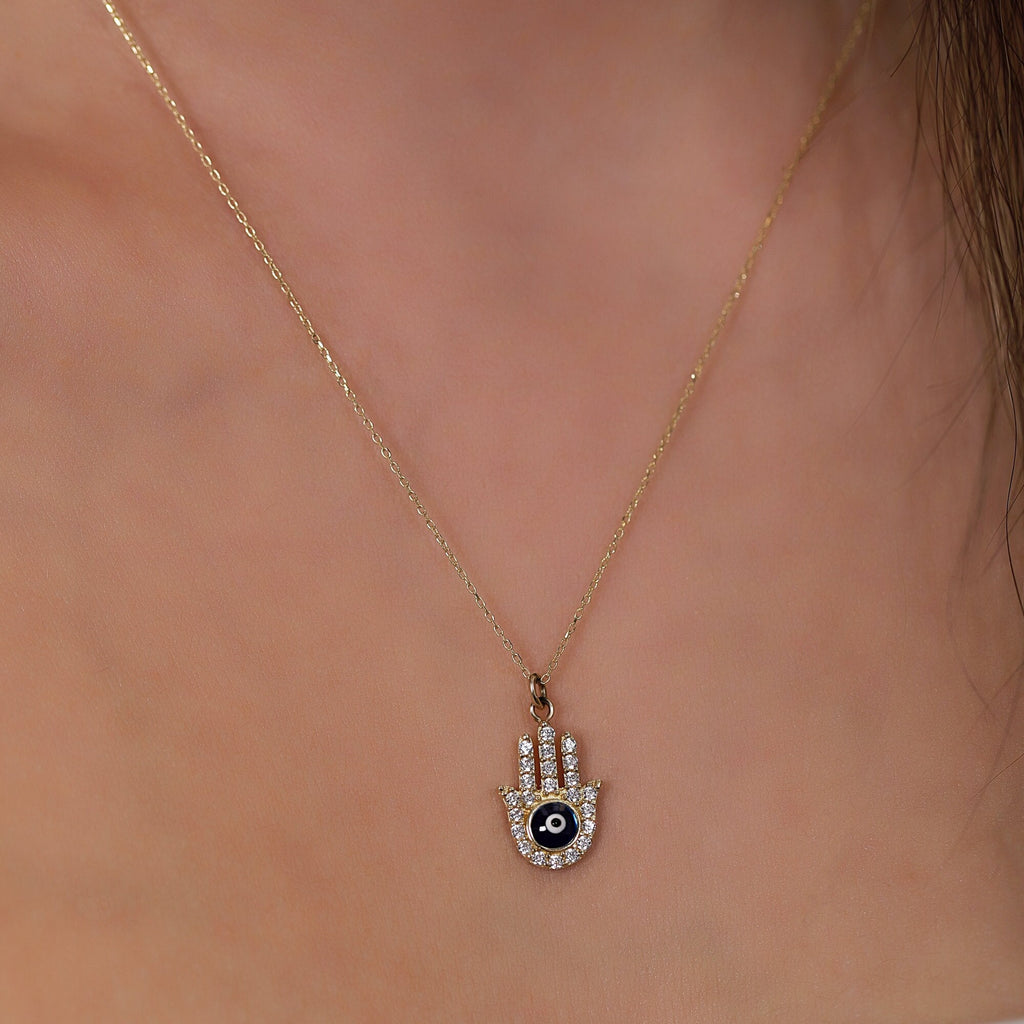 14K Gold Pave Hamsa Necklace, CZ Evil Eye Hand Pendant, Black Enamel Eye Charm, Protection Jewelry, Gift for Her