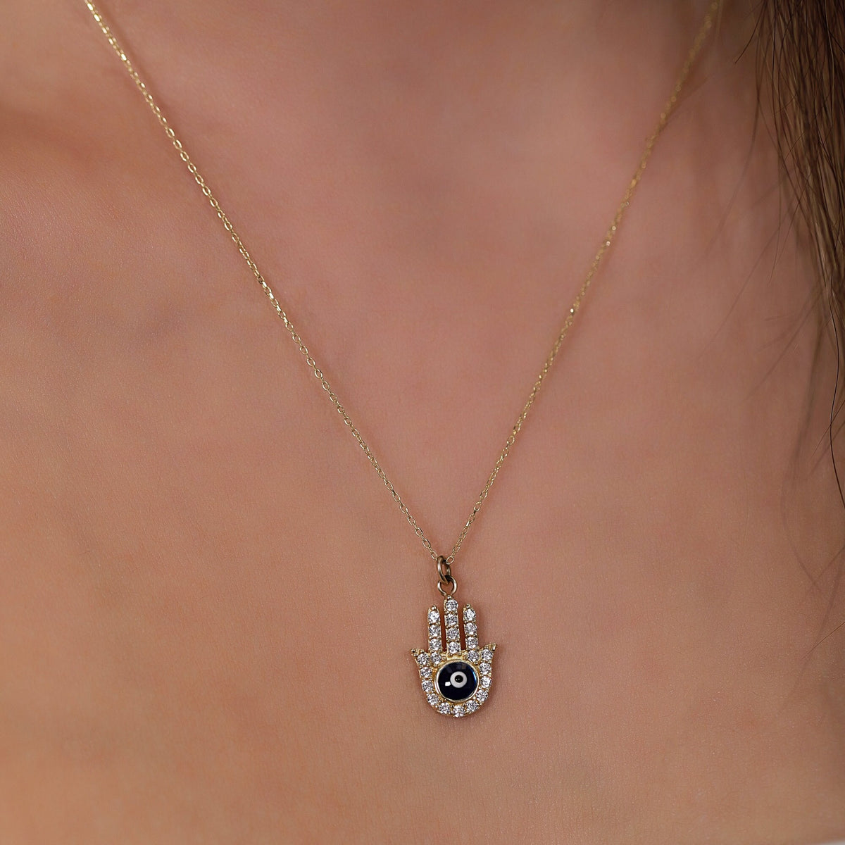 14K Gold Pave Hamsa Necklace, CZ Evil Eye Hand Pendant, Black Enamel Eye Charm, Protection Jewelry, Gift for Her