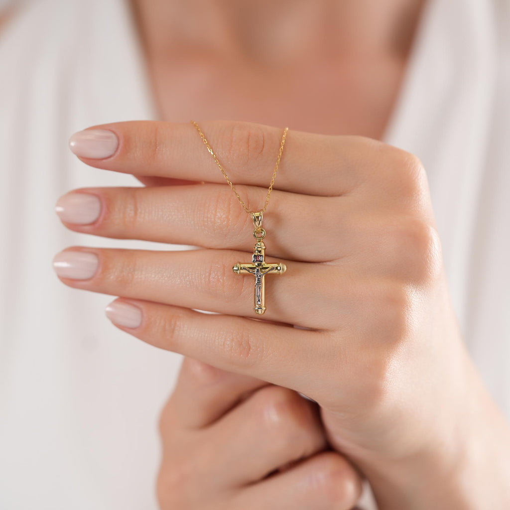 14K Two Tone Gold Crucifix Necklace, Silver Corpus INRI Cross Pendant, Traditional Catholic Charm, Faith Gift