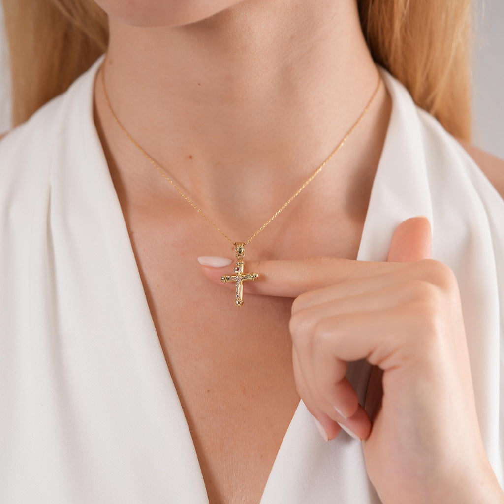 14K Two Tone Gold Crucifix Necklace, Silver Corpus INRI Cross Pendant, Traditional Catholic Charm, Faith Gift