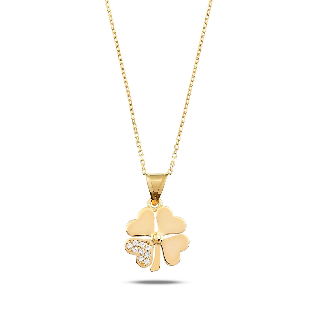 14K Gold CZ Four Leaf Clover Necklace, Pave Petal Clover Pendant, Lucky Charm, Gift for Her