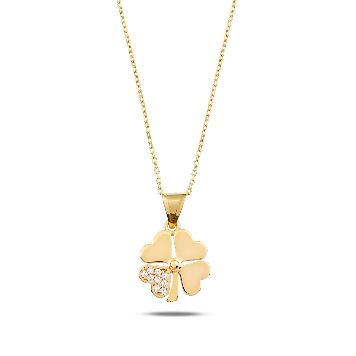 14K Gold CZ Four Leaf Clover Necklace, Pave Petal Clover Pendant, Lucky Charm, Gift for Her