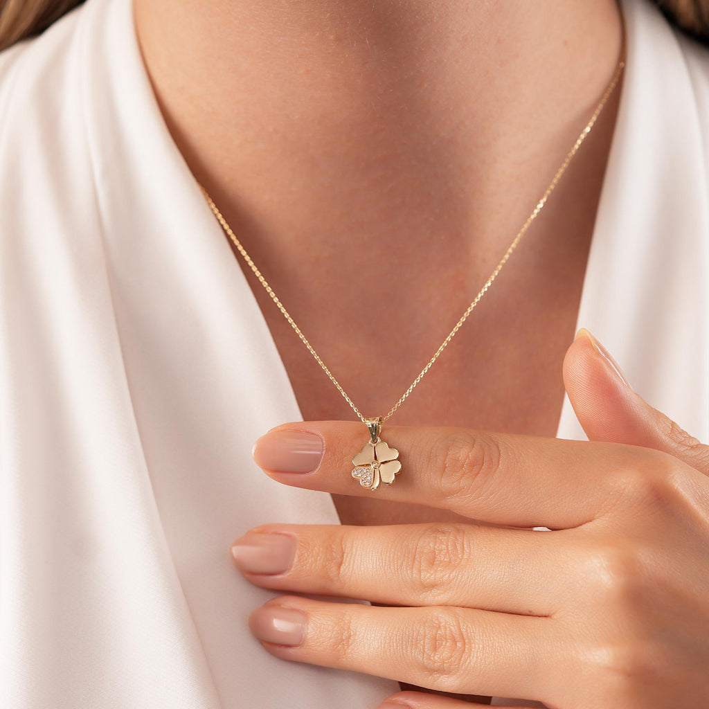 14K Gold CZ Four Leaf Clover Necklace, Pave Petal Clover Pendant, Lucky Charm, Gift for Her