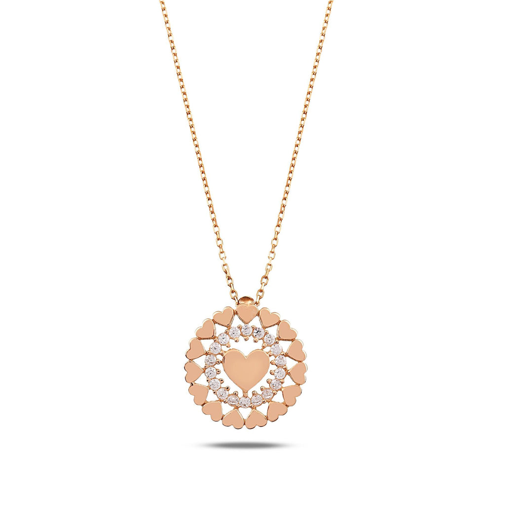 14K Gold Heart Medallion Necklace, CZ Halo Heart Coin Pendant, Layered Heart Wreath Charm, Gift for Her