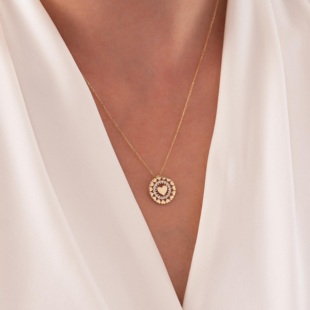 14K Gold Heart Medallion Necklace, CZ Halo Heart Coin Pendant, Layered Heart Wreath Charm, Gift for Her