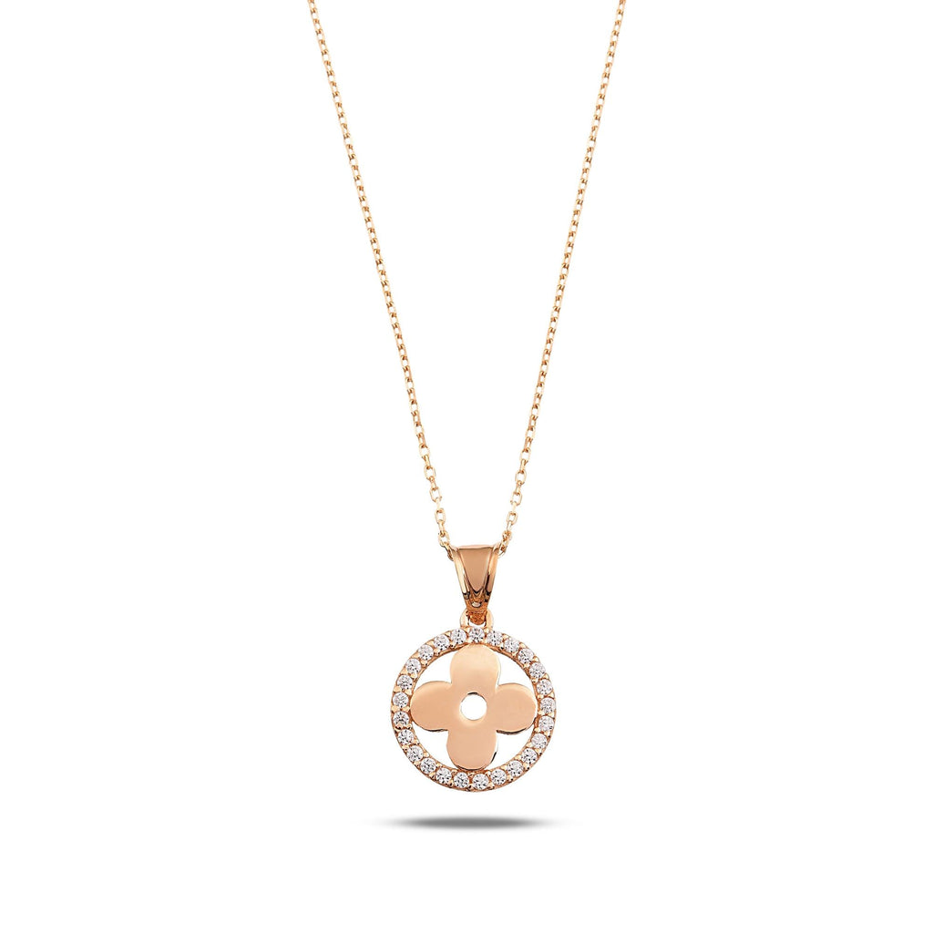14K Gold Clover Halo Necklace, CZ Circle Frame Four Leaf Pendant, Polished Clover Charm, Gift for Her