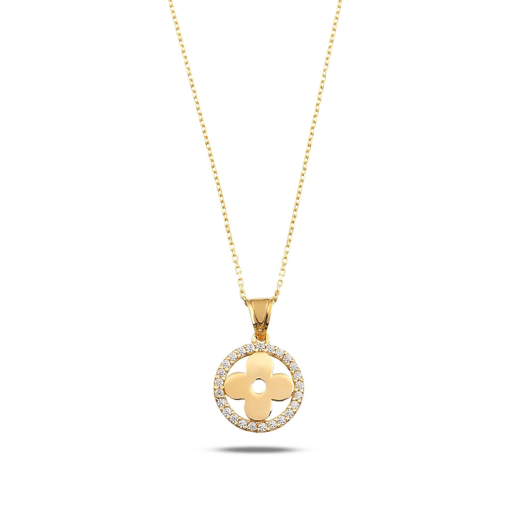 14K Gold Clover Halo Necklace, CZ Circle Frame Four Leaf Pendant, Polished Clover Charm, Gift for Her