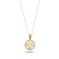 14K Gold Clover Halo Necklace, CZ Circle Frame Four Leaf Pendant, Polished Clover Charm, Gift for Her