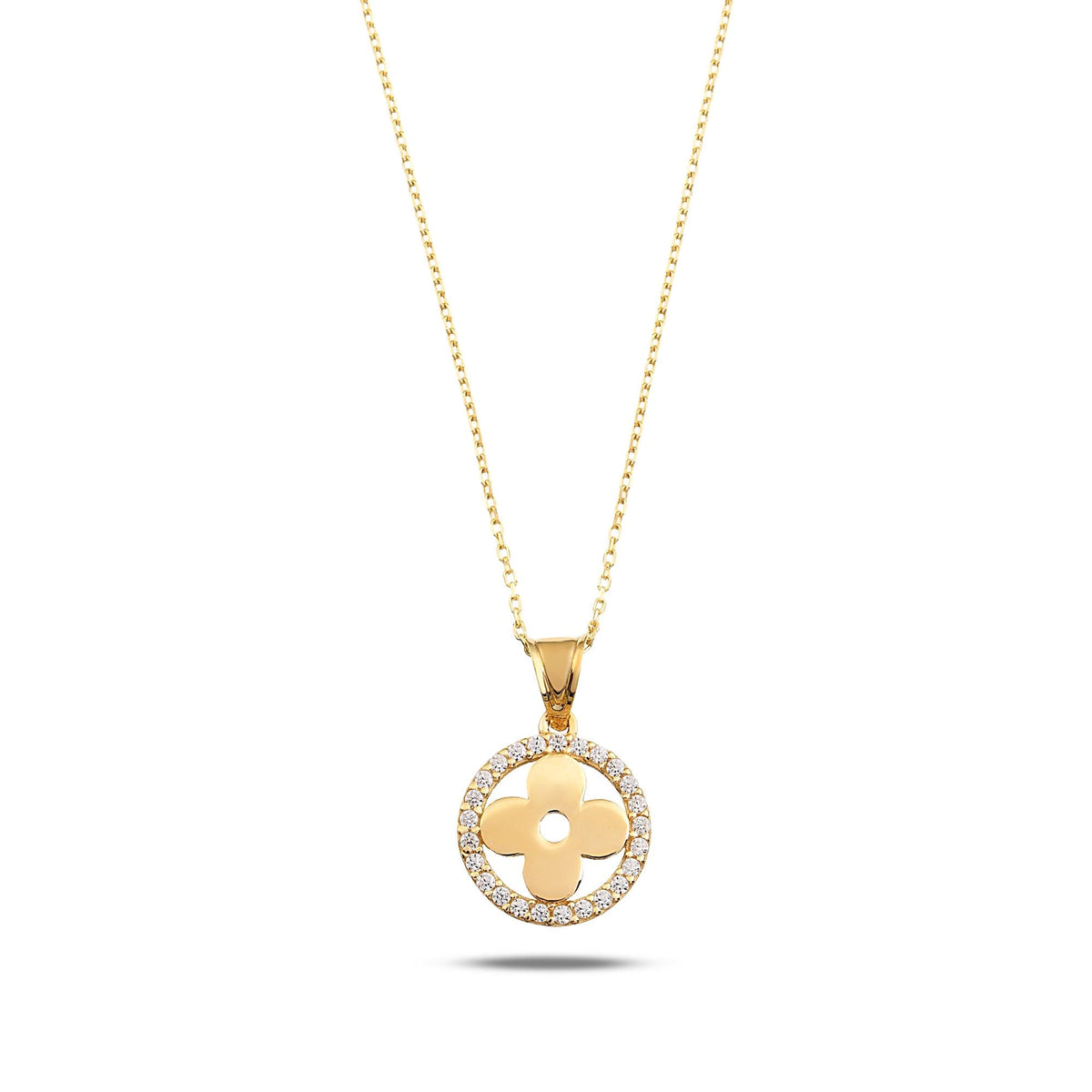 14K Gold Clover Halo Necklace, CZ Circle Frame Four Leaf Pendant, Polished Clover Charm, Gift for Her
