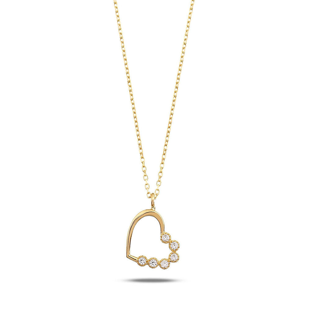 14K Gold Open Heart Necklace, CZ Bezel Set Heart Pendant, Sideways Heart Charm, Gift for Her