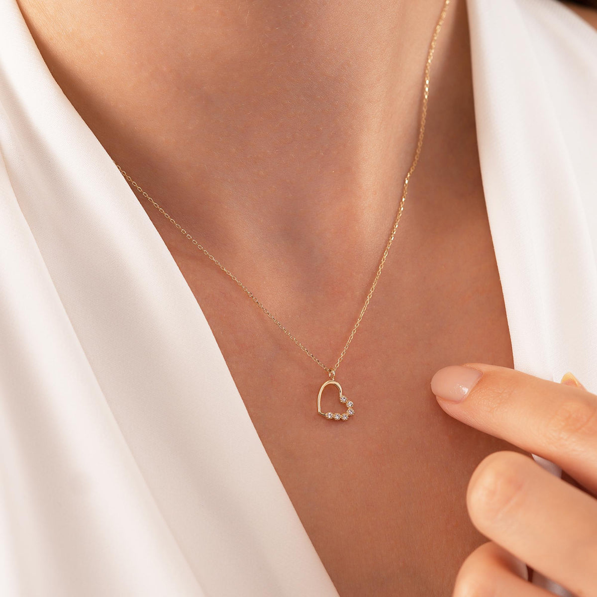 14K Gold Open Heart Necklace, CZ Bezel Set Heart Pendant, Sideways Heart Charm, Gift for Her