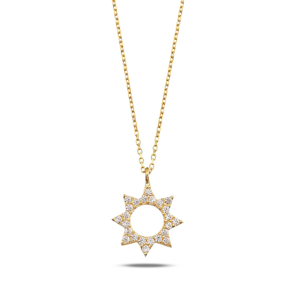14K Gold Sun Necklace, CZ Open Circle Star Pendant, Celestial Sunburst Charm, Gift for Her