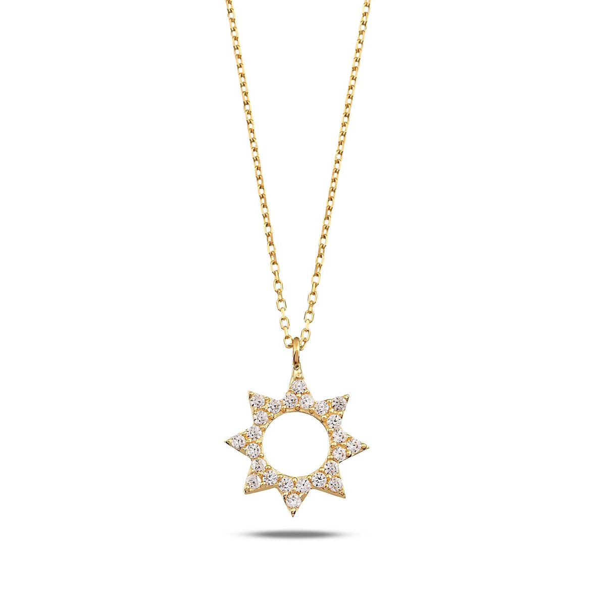 14K Gold Sun Necklace, CZ Open Circle Star Pendant, Celestial Sunburst Charm, Gift for Her