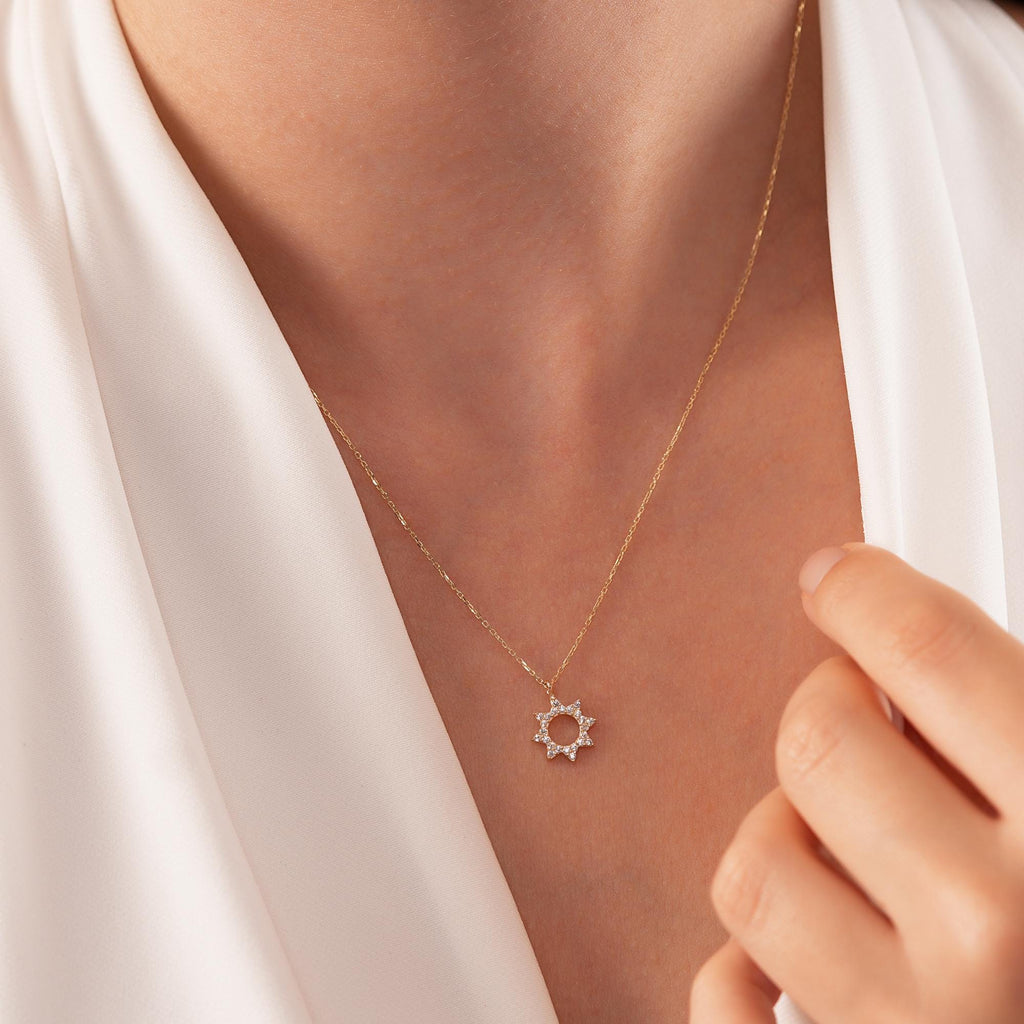 14K Gold Sun Necklace, CZ Open Circle Star Pendant, Celestial Sunburst Charm, Gift for Her