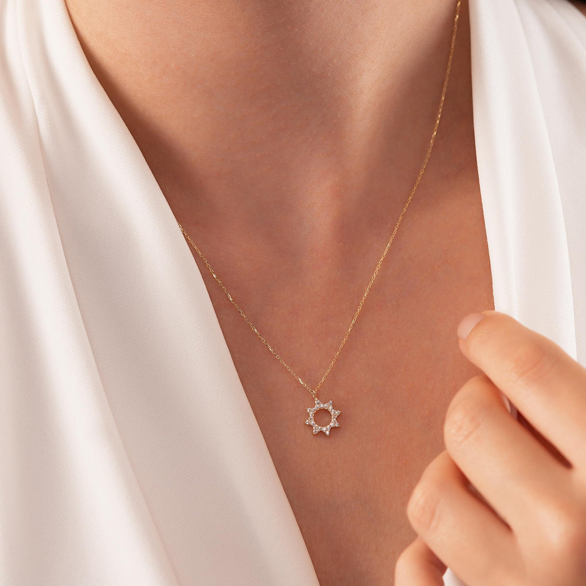 14K Gold Sun Necklace, CZ Open Circle Star Pendant, Celestial Sunburst Charm, Gift for Her
