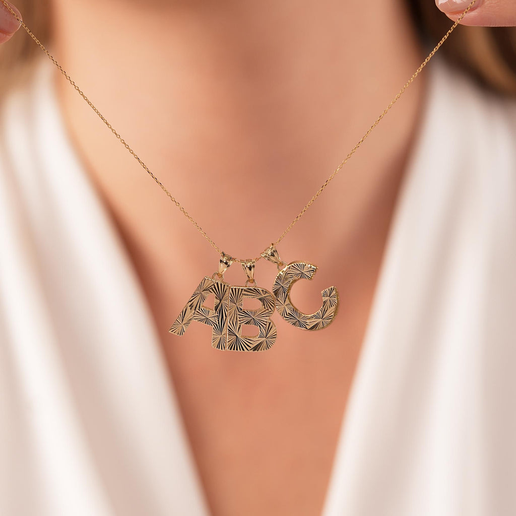 14K Gold Initial Letter A Pendant, Diamond Cut Block Letter Necklace, Sparkling Personalized Charm, Gift for Her