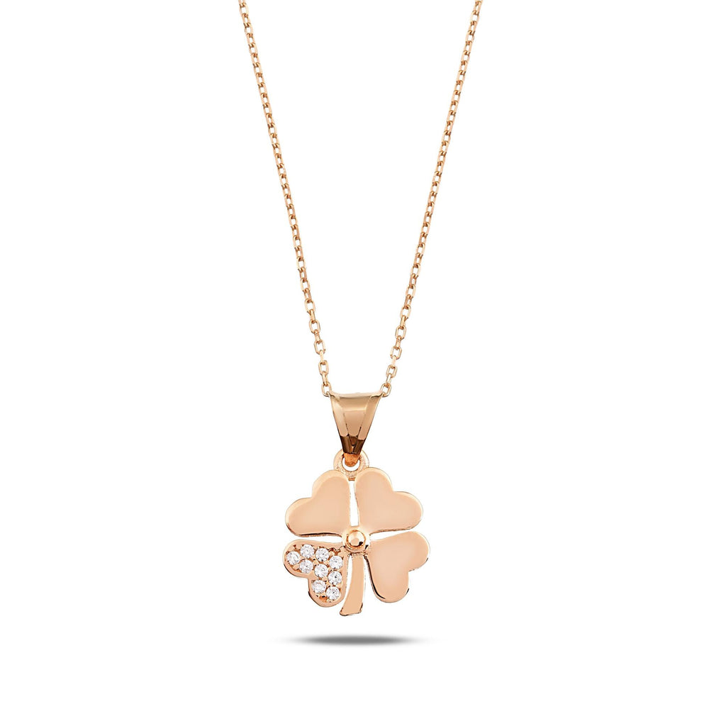 14K Gold CZ Four Leaf Clover Necklace, Pave Petal Clover Pendant, Lucky Charm, Gift for Her