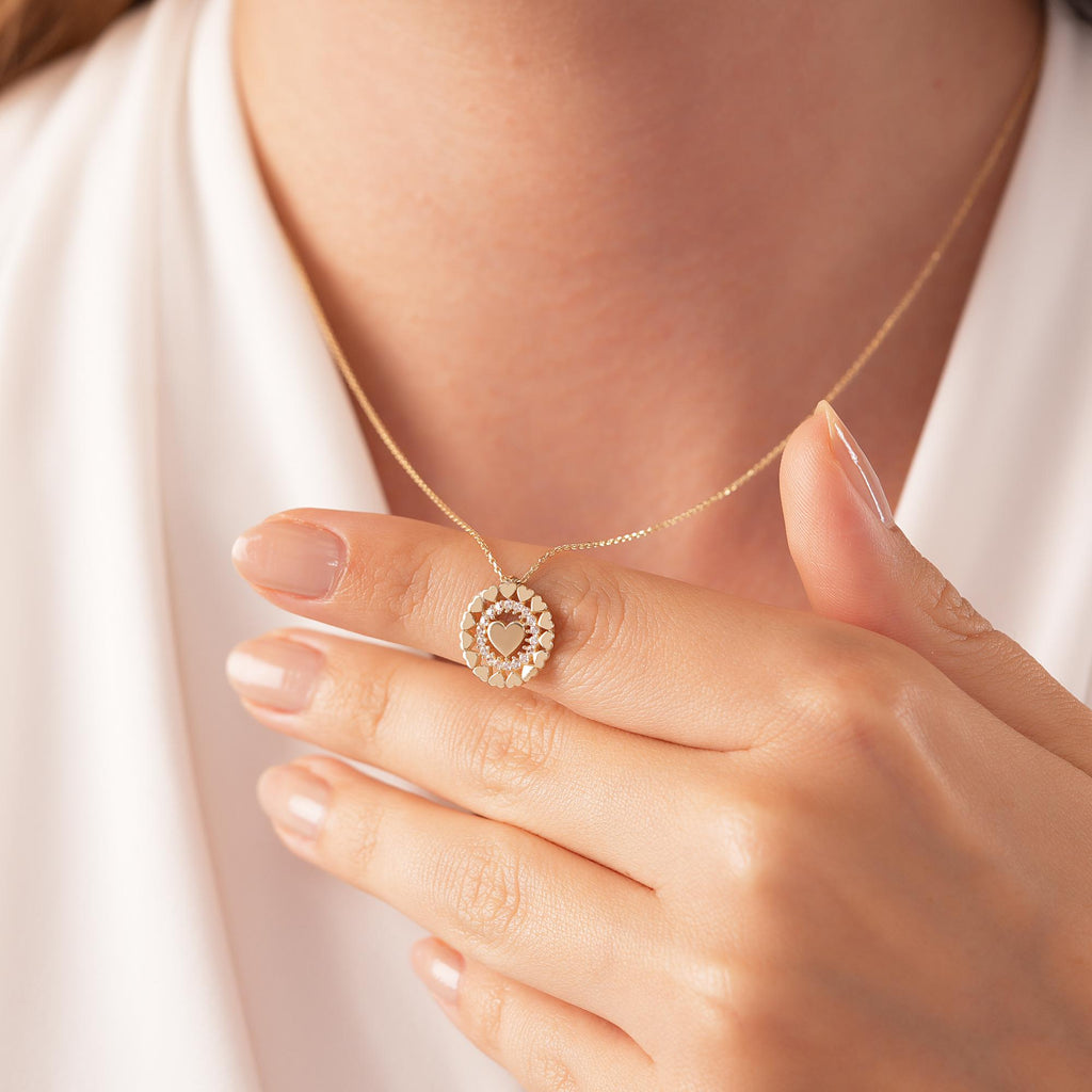 14K Gold Heart Medallion Necklace, CZ Halo Heart Coin Pendant, Layered Heart Wreath Charm, Gift for Her