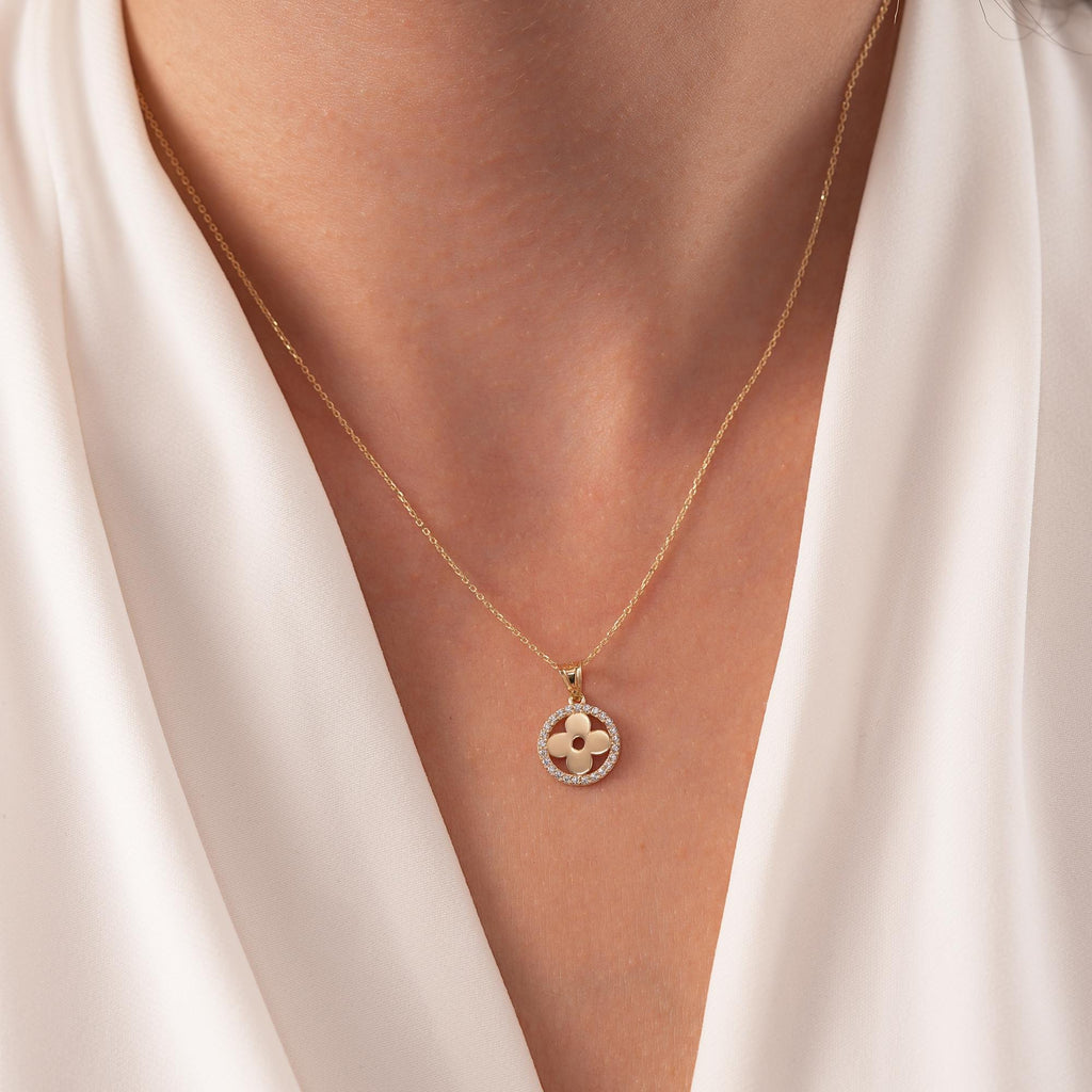 14K Gold Clover Halo Necklace, CZ Circle Frame Four Leaf Pendant, Polished Clover Charm, Gift for Her
