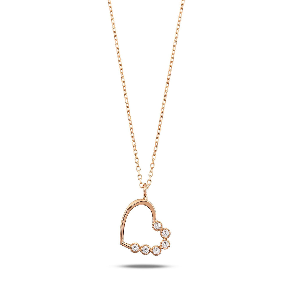 14K Gold Open Heart Necklace, CZ Bezel Set Heart Pendant, Sideways Heart Charm, Gift for Her
