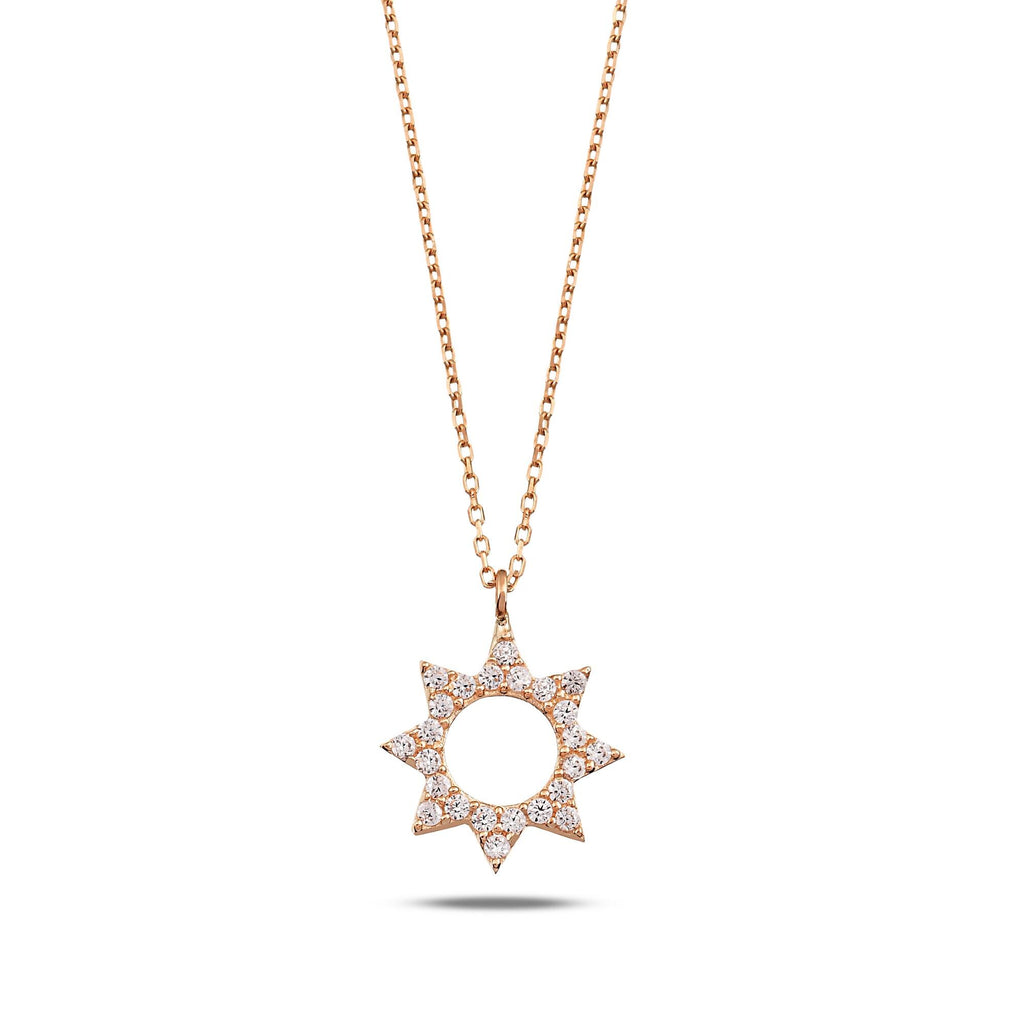 14K Gold Sun Necklace, CZ Open Circle Star Pendant, Celestial Sunburst Charm, Gift for Her
