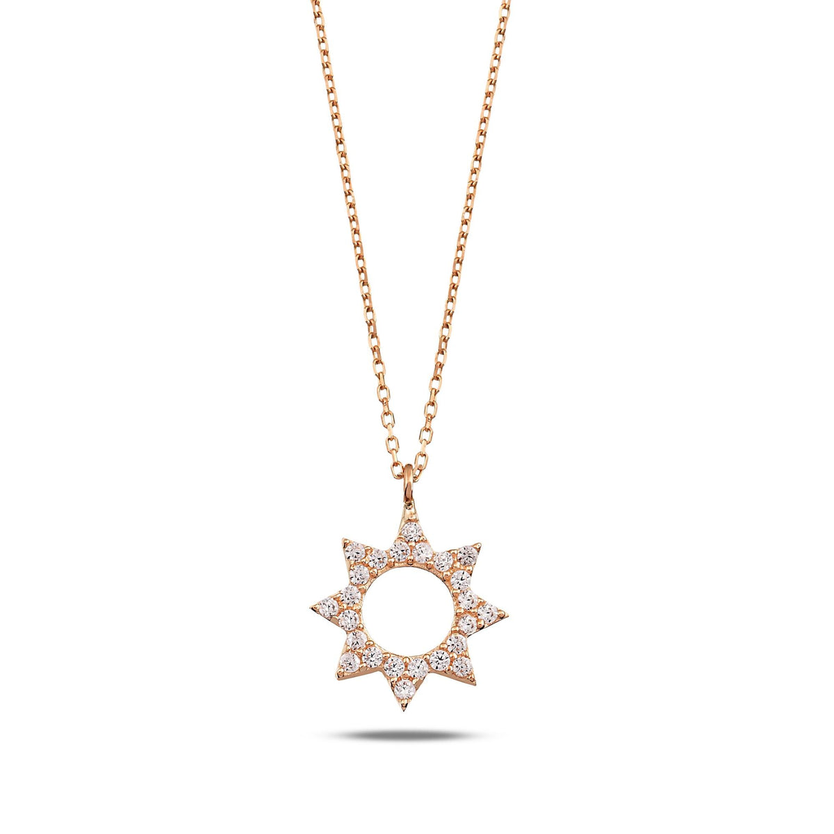 14K Gold Sun Necklace, CZ Open Circle Star Pendant, Celestial Sunburst Charm, Gift for Her