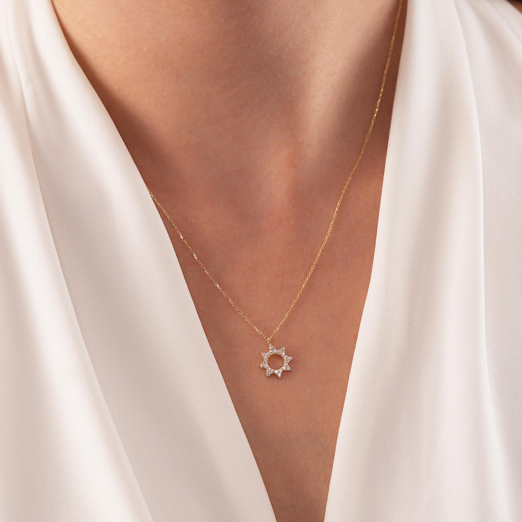 14K Gold Sun Necklace, CZ Open Circle Star Pendant, Celestial Sunburst Charm, Gift for Her