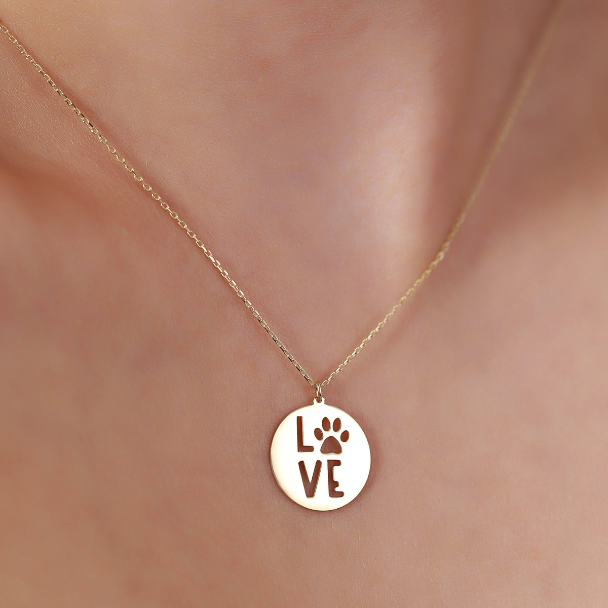 14K Gold Dog Paw Love Necklace, Pet Lover Coin Pendant, Cut Out Paw Print Charm, Dog Mom Gift, Gift for Her