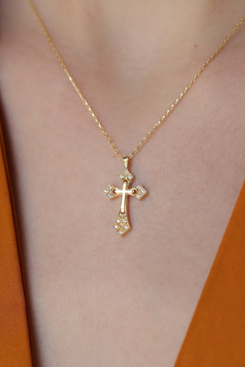 14K Gold Lab Diamond Cross Necklace, Ornate Studded Cross Pendant, Baroque Style Charm, Faith Gift for Her
