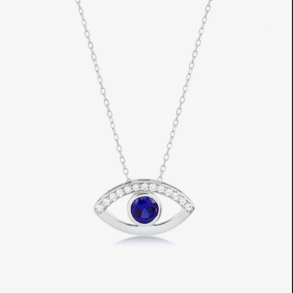 14K Gold Evil Eye Necklace, Sapphire Blue Eye Pendant, Pave Lab Diamond Protection Charm, Gift for Her