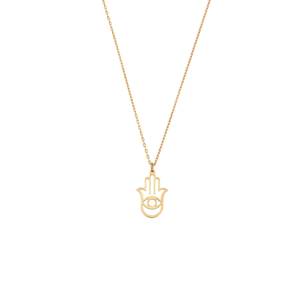 14K Gold Hamsa Necklace, Open Outline Evil Eye Hand Pendant, Minimalist Protection Charm, Gift for Her